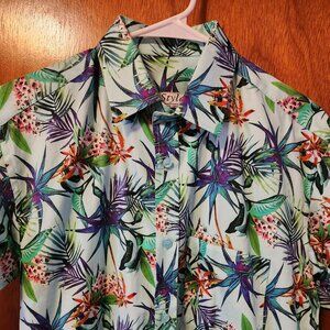 Men's Small Style Green Floral Hawaiian Short Sleeve Button Down Shirt